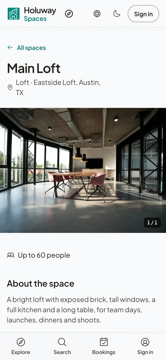 The Main Loft page on a phone: its photo, the place and its capacity.