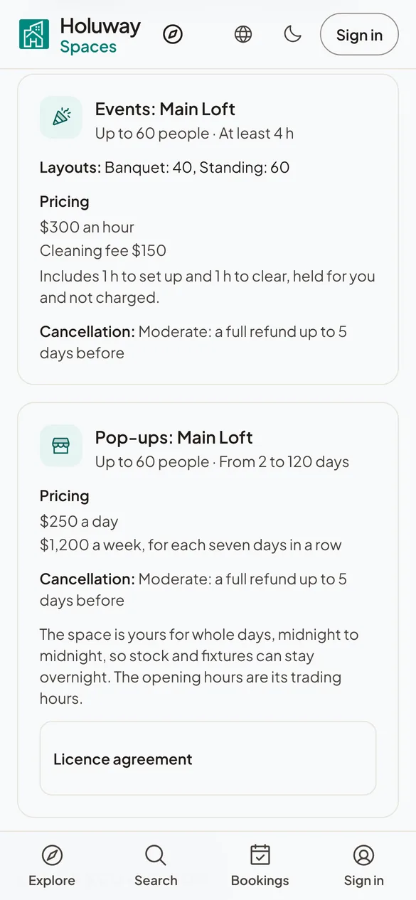 The Main Loft's Events and Pop-ups offerings: layouts, hourly and day prices, cleaning fee, setup time and cancellation.